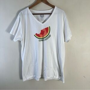 Life Is Good White V-Neck Tee T-Shirt Watermelon Canadian Design Size XXL Cotton